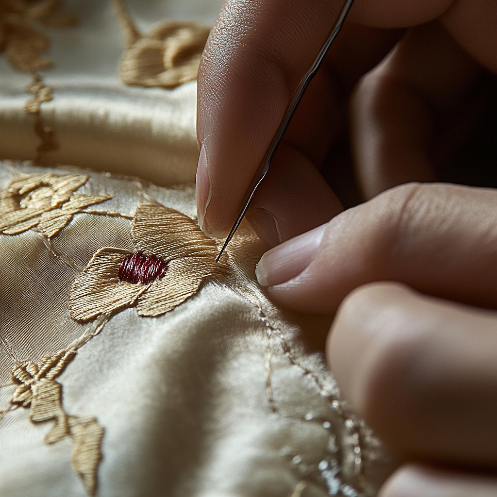 artisan hands arranging embroidered fabric
