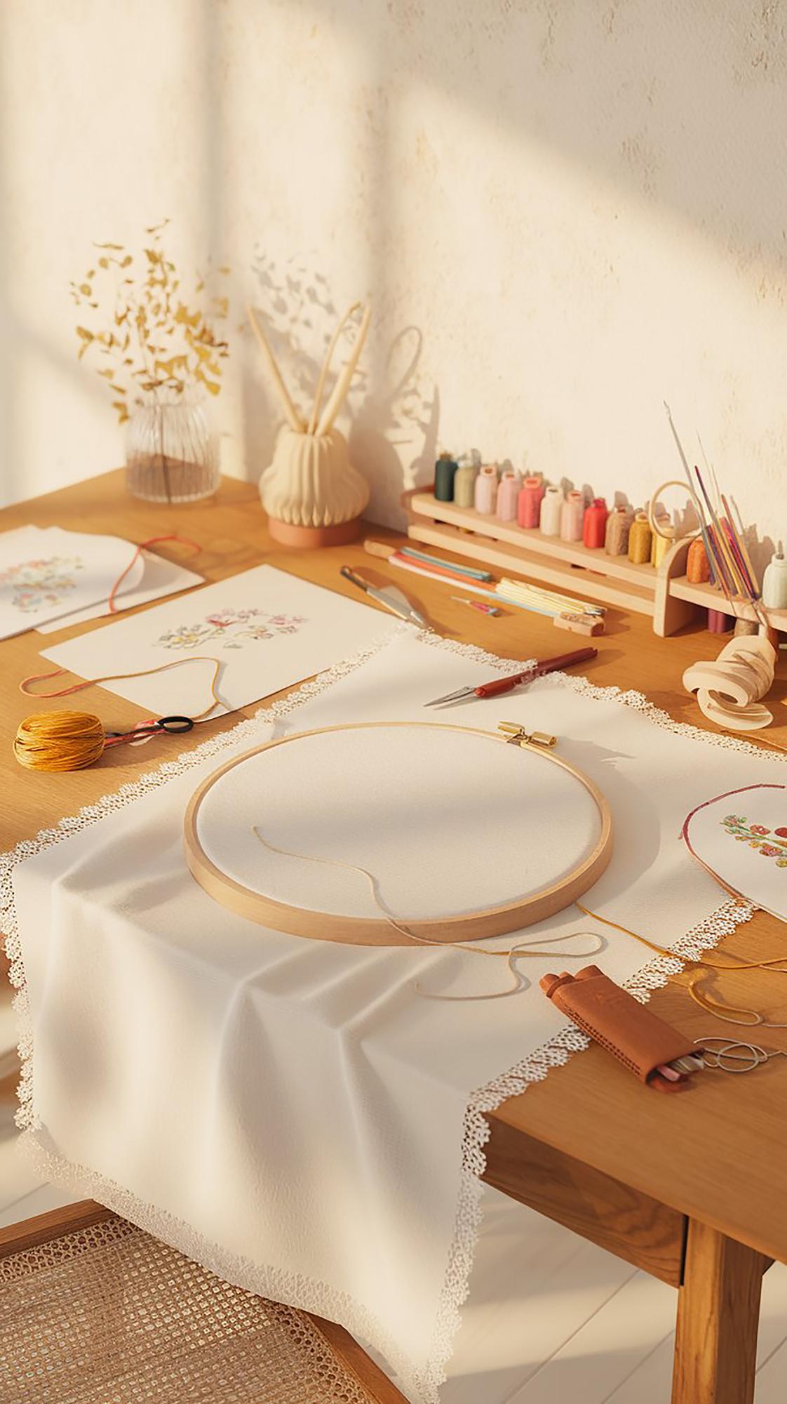 large embroidered linen panel on wooden table